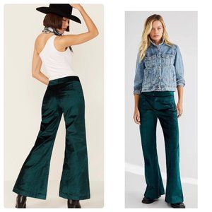 Free People Velvet Wide Leg Pants Womens 31 Green Flare Leg Mid Rise Boho Chic